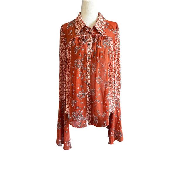 Free People Rust Floral Sheer Collared Blouse Women's Size Large | 74-33-3 - Picture 1 of 7